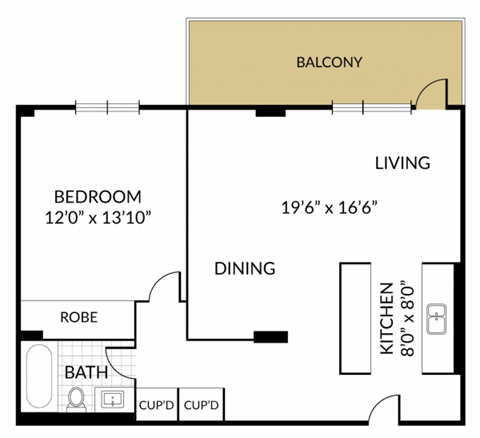 Floor plan for 1 bed, 1 bath, 775 sqft